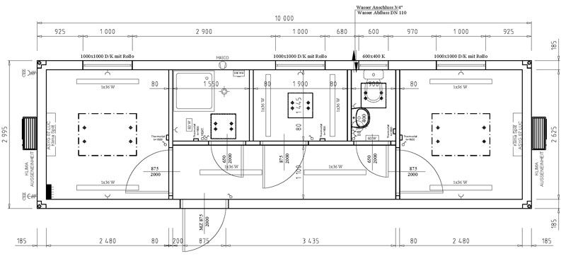 Wohncontainer - Grundris 3 x 10 m - mit Dusche, WC und Küche
